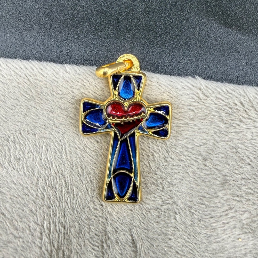 Vintage Estate Pendant‎ Gold Blue Red Enamel Sacred Heart Cross Religious
